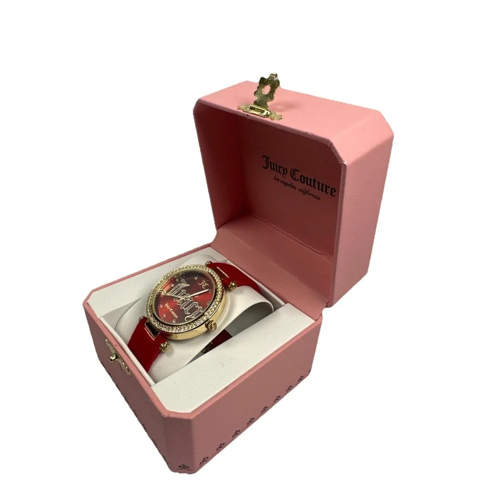 Juicy Couture Red Crystal Logo Watch Gold Tone Velvet Band w Box Y2K